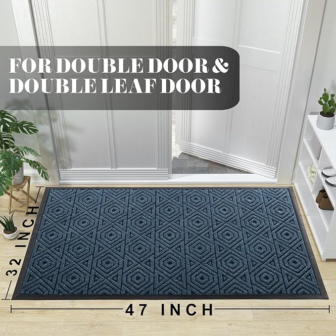 Yimobra Door Mat, Outdoor Indoor Entrance Welcome Mat, Heavy Entry Front Door Mat, Stain & Fade Resistant, Low Profile, Sturdy Rubber, Easy Clean Patio Floor Mat, Waterproof, 47 x 32, Blue