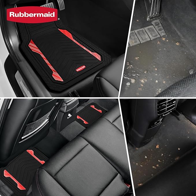 Rubbermaid Car Floor Mat, Heavy Duty All-Weather Car Mats Full Set with Dual-Tone Red Aluminum Inserts – Universal Fit, Anti-Slip Backing, Trim-to-Fit for Most SUV, Sedan, Van
