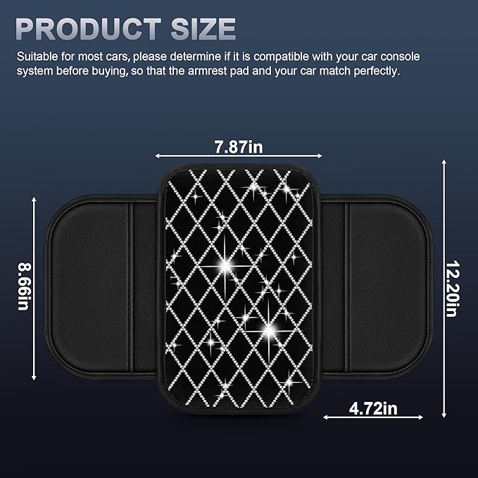 Bling Center Console Cover Fit for Nissan Maxima 1992-2023: with Quilting Pattern Crystal Rhinestone Automotive Armrest Cushion-Stylish Diamond Arm Rest Protection Mat(Black)