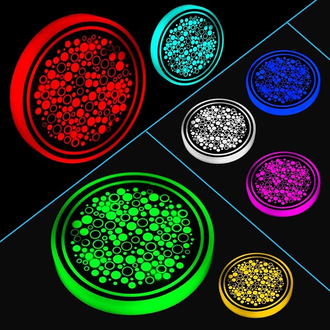 ACODABLEM 2 Pack LED Cup Holder Lights, Car Coaster with 7 Colors Changing USB Charging Mat, Luminescent Cup Pad Interior Atmosphere Lamp Decoration Light