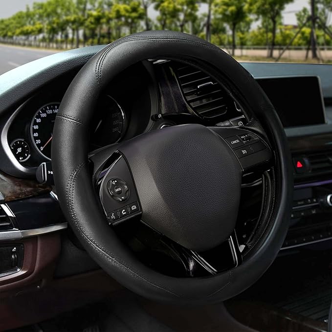 Econour Car Steering Wheel Cover | Premium & Durable PU with Anti-Slip Design | Universal Car Steering Wheel Cover Wheels - Fits 14.5"-15" | Truck Accessories - Black