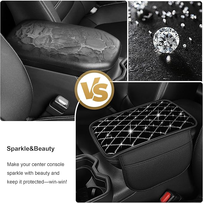 Bling Center Console Cover Compatible with Acura MDX Car Armrest Cover with 2 Side Storage Pockets (Black)