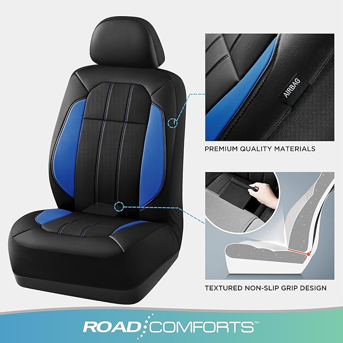 Road Comforts Car Seat Covers, Breathable Leather Seat Covers, Car Seat Covers Full Sets Airbag Compatible, Automotive Seat Covers for Most Cars, Vans, Trucks, SUV - Blue