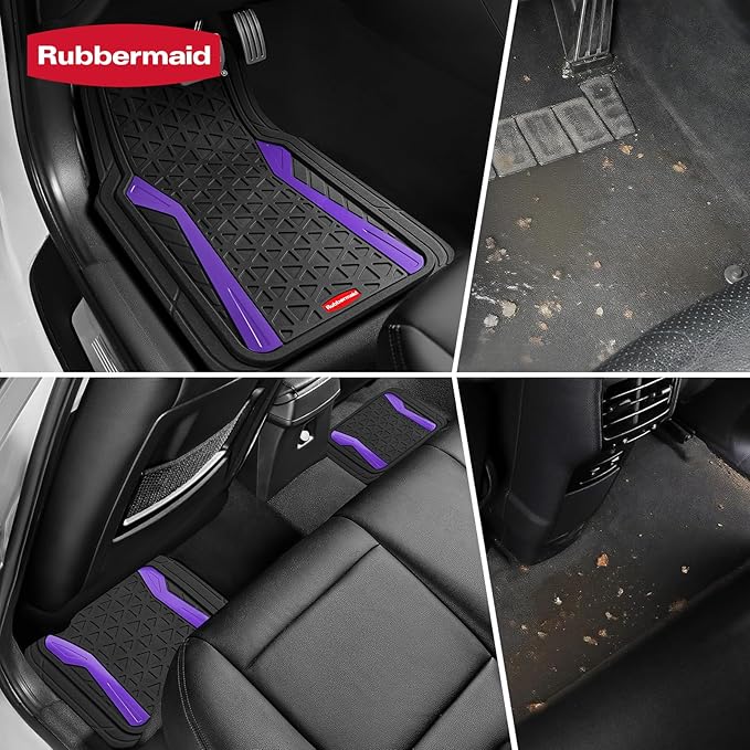 Rubbermaid Car Floor Mats Full Set,Premium Heavy Duty All-Weather Car Mats– Rugged Rubber with Brushed Aluminum Inserts, Universal Trim-to-Fit, Anti-Slip Backing for Cars, SUVs, Trucks & Vans - Purple