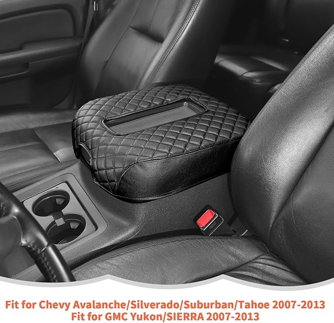 RT-TCZ Center Console Armrest Box Pad Cover Leather for Chevy Avalanche/Silverado/Suburban/Tahoe 2007-2013,for GMC Yukon/Sierra 2007-2013 (Black)