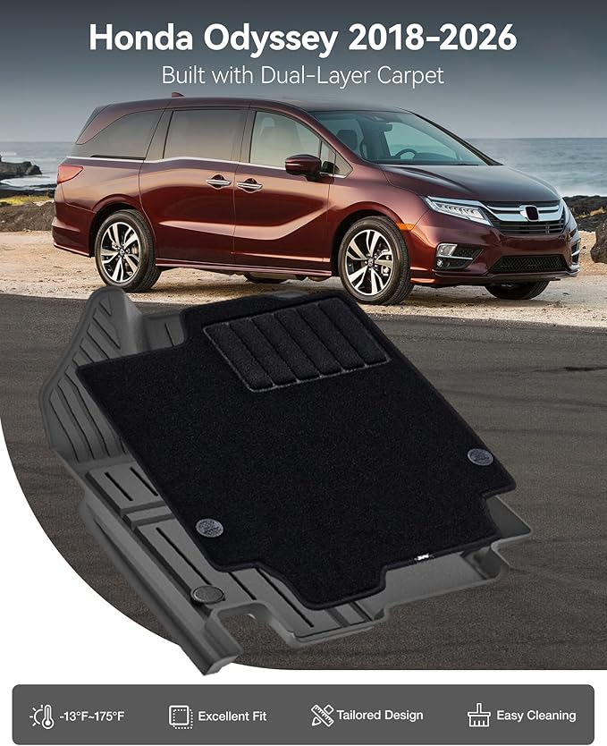 3W Floor Mats(with Carpets) & Cargo Liner Fit for Honda Odyssey 2018-2026, TPE All Weather Waterproof Custom Fit Automotive Floor Liners Carpet and Truck Car Liners for Honda Odyssey 1-3 Rows, Black