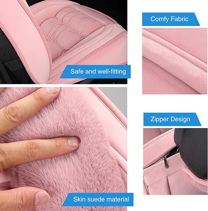 AOOG Fuzzy Leather Car Seat Covers, Heated Front Bench Back Cushion Protector for Cars SUV Trucks (Front seat, Pink)