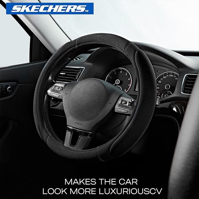 Skechers Steering Wheel Cover, Memory Foam Car Steering Wheel Cover,14.5-15inch Anti-Slip Safety Comfortable Desgin, Universal Accessory for Diverse Cars, Truck,SUV (Black & Black)