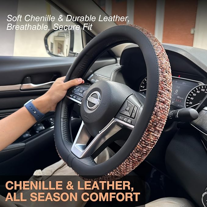 PINCTROT D Shaped Chenille Leather Steering Wheel Cover, Soft Mottled Colors, Sweat-Proof, Non-Slip Grip, All-Season Comfort, Flat Bottom 14.5-15 Inch(Mottled Red)