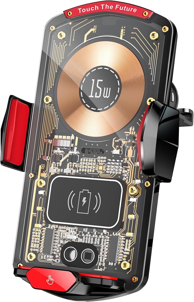 Wireless Car Charger Mount,Phone Holder,15W Fast Charging, Air Vent Clamp,Auto Clamping,360° Rotating Ball Joint,Transparent Case,Compatible with iPhone 16/15/14/13/12/11/10, Samsung Galaxy Series