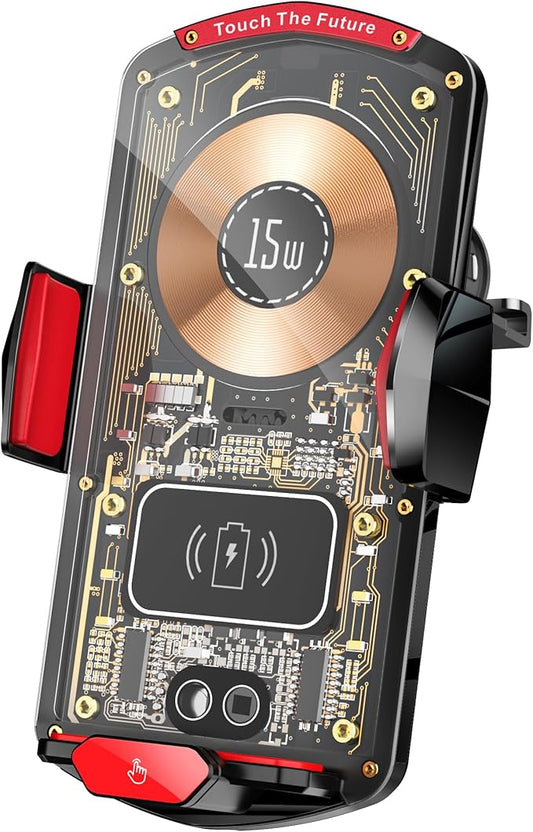 Wireless Car Charger Mount,Phone Holder,15W Fast Charging, Air Vent Clamp,Auto Clamping,360° Rotating Ball Joint,Transparent Case,Compatible with iPhone 16/15/14/13/12/11/10, Samsung Galaxy Series