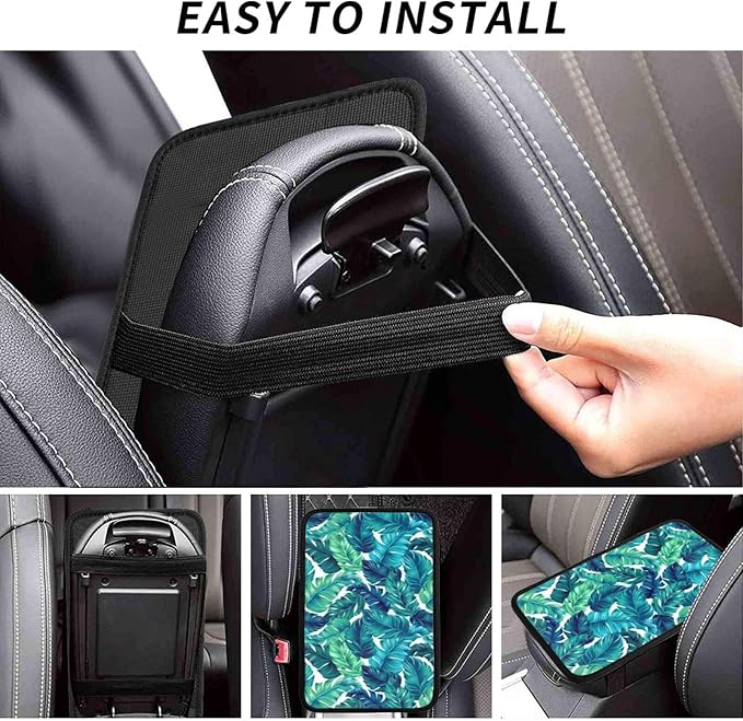 Palm Leaves Leaf Tropical Hawaiian Summer Green Auto Center Console Armrest Pad Universal Car Center Console Cover Seat Box Cover for Sedan, Van, SUV, Truck Car Accessorie