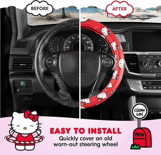 Sanrio Hello Kitty Red Steering Wheel Cover, Universal Fit Cute Car Accessories for Women Stylish SUV, Truck Decor Gifts - Fits Standard Wheels 14.5"-15" (Hello Kitty Red)