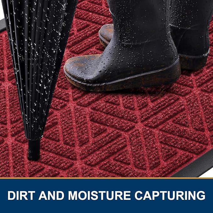 Smiry Front Door Mat Outside Entrance, Heavy Duty Sturdy Natural Rubber Doormat, Trap Dirt and Moisture, Easy Clean Low Profile Mats for Indoor Outdoor Entry, Grid Geometric (47x32, Wine Red)
