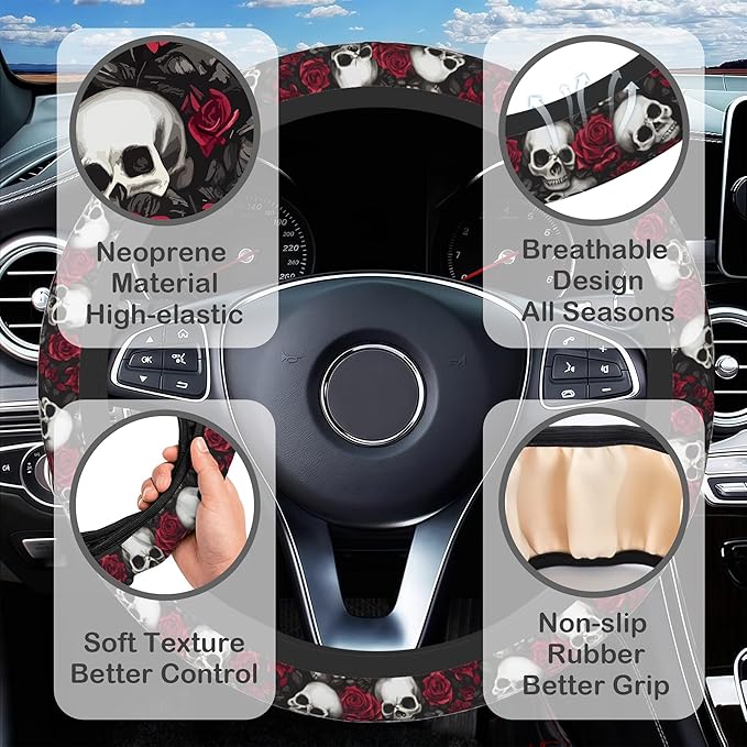 Skull and Rose Steering Wheel Cover for Women, Anti-Slip Car Steering Wheel Cover with 2 Pcs Cup Holders Neoprene Breathable Car Accessories Universal 15 Inch Auto Interior Decor
