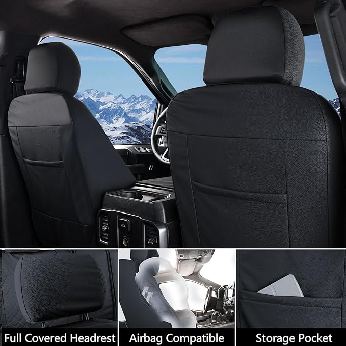 Truckiipa Silverado 1500 Seat Covers Leather Automotive Seat Covers Custom Fit for 2007-2024 Chevy Silverado GMC Sierra 1500, 2015-2024 2500HD 3500HD Double Crew Extended Cab, Front Pair, Black