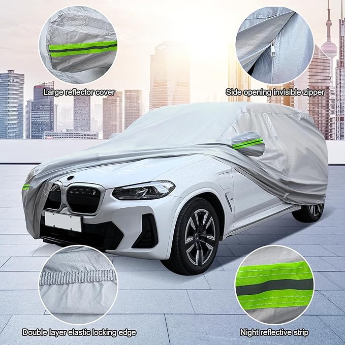 Full Car Cover Universal 6 Layers Outdoor Thicked All Weather Cover, Sunshield, Waterproof, Snow Proof, UV Proof, Scratch Proof, Bird Droppings, 6 Reflective Strips, Fits SUVs up 214"-236"