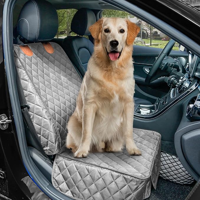 PETICON Front Seat Cover 2 Pack, Full Protection Dog Car Seat Cover with Side Flaps, Nonslip Scratchproof Captain Chair Seat Cover Fits for Cars, Trucks, SUVs, Jeep (Gray)