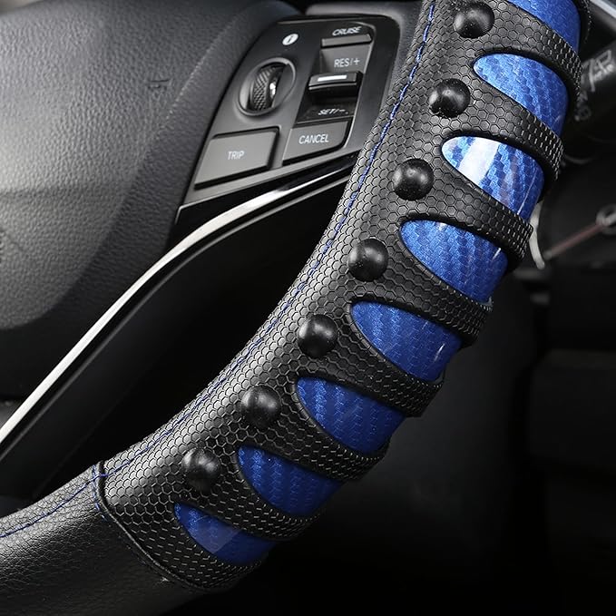 West Llama Microfiber Leather Car Steering Wheel Cover for Men Women,Universal Fit 15.5-16 inch(Leather Nails-Blue+Black-Large Size)