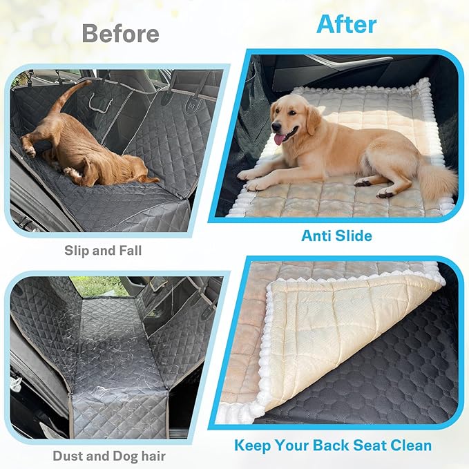 Dog Car Seat Cover for Back Seat, Dog Bed for Car, Fit for Backseat Extenders, Car Seat Protector, Nonslip Soft Durable for Cars Trucks and SUVs (Light Brown and White, 24.8"*54")