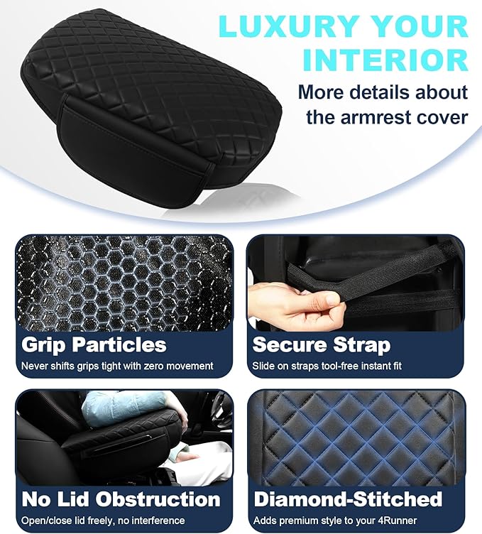 Armrest Cover for Toyota 4Runner Center Console Pad with Organizer Storage Pockets, Black Faux Leather Arm Rest Lid Protector Cushion Interior Accessories (2003-2009)