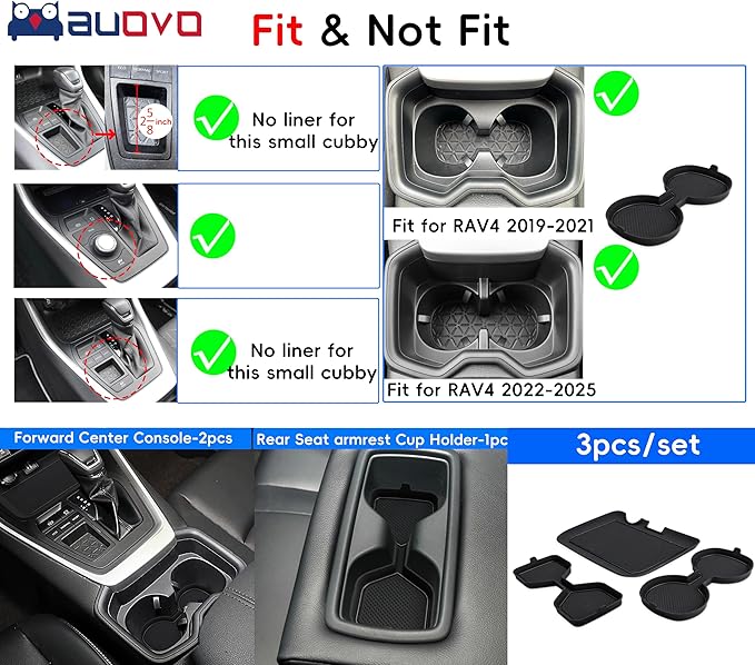 Auovo 3D Cup Holder Insert Liners Compatible with Toyota RAV4 Accessories 2025 2024 2023 2022 2021 2020 2019 Car Custom Cup Holder Mats Pads 3-pc Set (Black Trim)