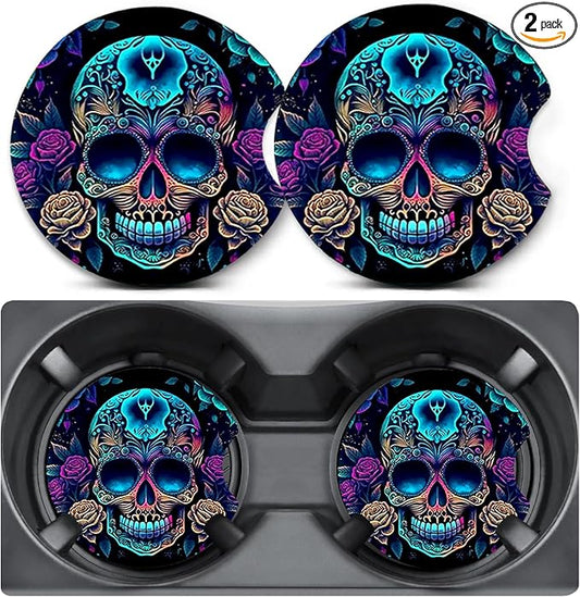 2 Pack Car Coasters for Cup Holders,Skull Roses Car Cup Holder Coasters,2.75" Universal Size Anti Slip Rubber Mat,Car Cup Holder Decal Decor,Car Accessories Interior,Skull Roses Gifts for Men,Women