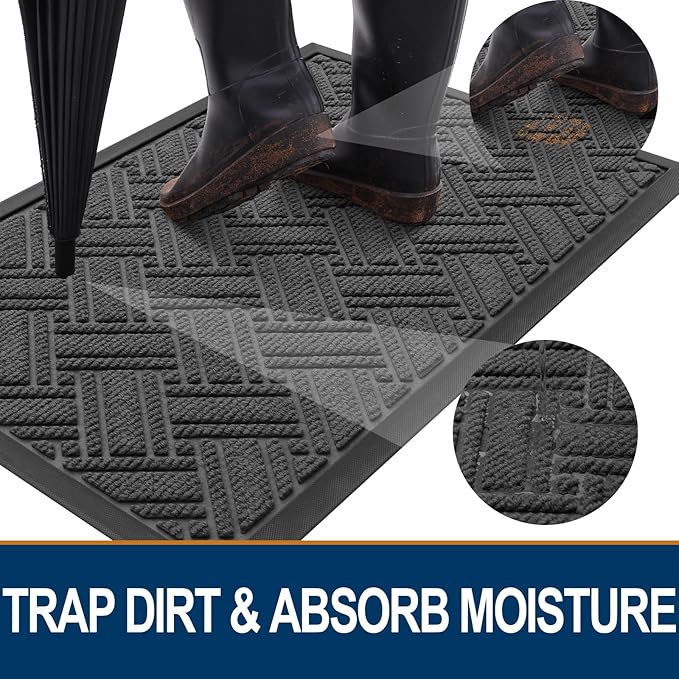 OLANLY Indoor Outdoor Mat, Sturdy Natural Rubber Floor Mat, Non Slip Low Profile Waterproof Doormat, and Stain Front Door Mats, Easy Clean Patio Entrance Mat, 36''x24'', Light Grey