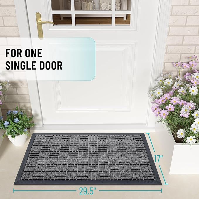 OLANLY Front Door Mat Outside Entrance 29.5x17, Absorbent, Heavy Duty Sturdy Natural Rubber Doormat Indoor Outdoor, Stain and Fade Resistant, Non-Slip Backing Low Profile Floor Mat for Entryway, Grey