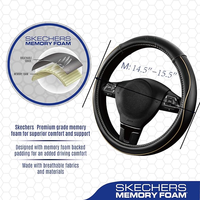 Skechers Memory Foam Steering Wheel Cover,Piping Microfiber Leather Steering Wheel Cover Sporty Universal Fit 14" 1/2-15" Car Wheel Protector for Men Women Fit Suvs,Vans,Sedans,Car,Trucks,Beige