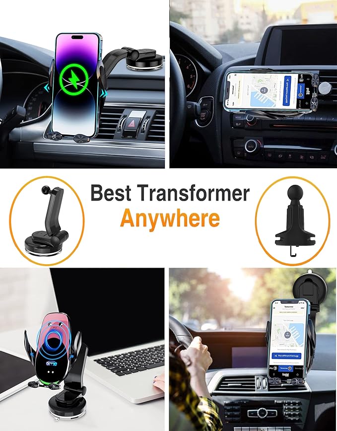 Wireless Car Charger Mount, Fast Charging Auto Clamping 15W Intelligent Dual Control Induction Car Phone Holder Mount Wireless Charging Compatible with All iPhone Android Smartphone
