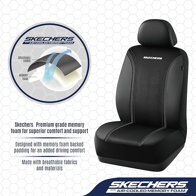 Skechers Memory Foam Seat Covers,Air- Cooled Mesh Thick Car Seat Covers,Leather Front Seat Covers,Airbag Compatible,Automotive Comfort Universal Fit for SUVs,Vans,Sedans,Cars,Trucks,Black