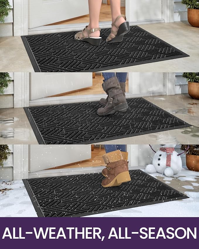 DEXI Front Door Mat Outside Entrance, Heavy Duty Rubber Backed Doormat, Stain and Fade Resistant, Low-Profile Easy Clean Entryway Floor Mats, 17x29, Checkered Black
