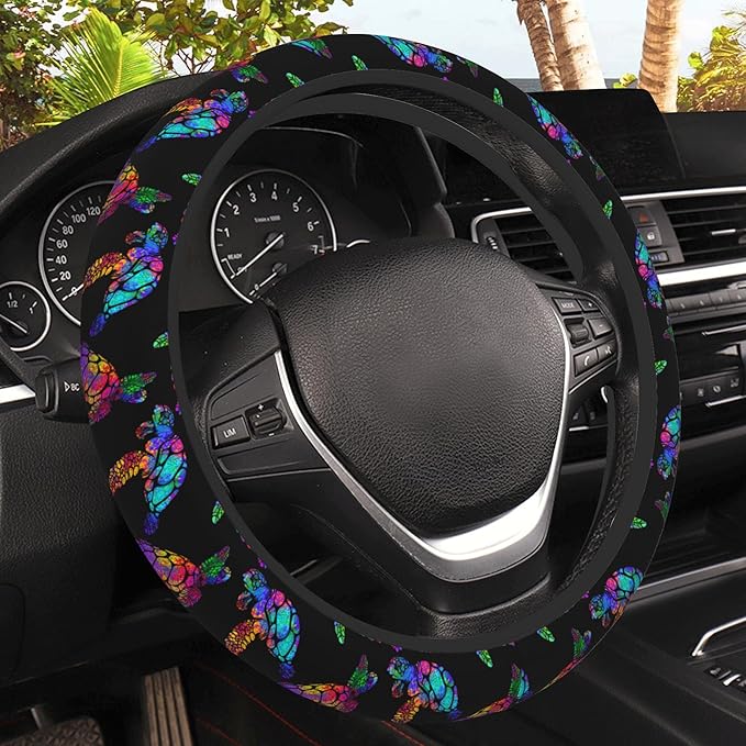 Rainbow Sea Turtle Car Steering Wheel Cover, Non-Slip Absorbing Sweat Car Wheel Cover Accessories for Men Women,Universal 15" Fit Auto SUV Vans Trucks