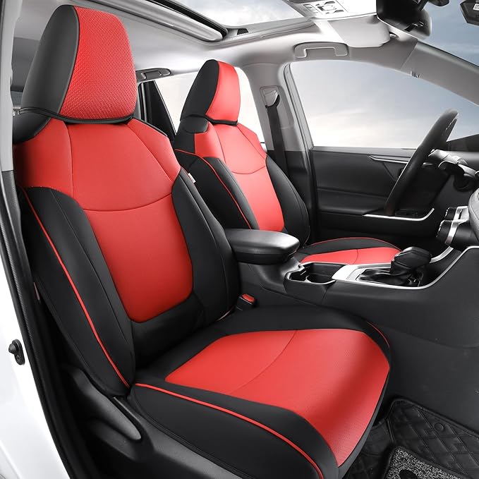 AOOG Leather Car Seat Covers Fit RAV4, Waterproof Faux Leather Seat Covers Custom Fit for Toyota RAV4 2019 2021 2022 2023 LE,XLE,XLE Premium, Limited (Full Set, Black&Red)