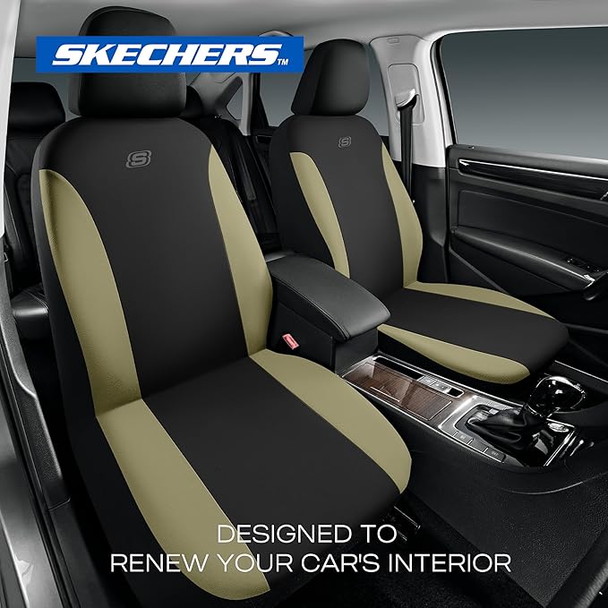 Skechers Seat Covers, Premium Breathable Polyester Seat Covers, Car Seat Covers Front Seats Airbag Compatible, Automotive Comfort for Most Cars, Vans, Trucks, SUVs (Two Front, Beige)