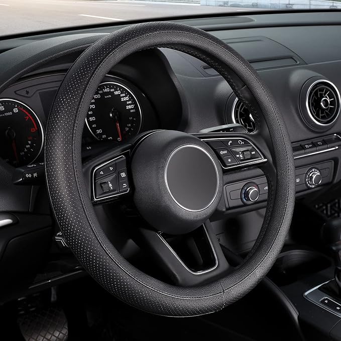 SEG Direct Black Car Steering Wheel Cover Small Size 14-14.25 inch (35.5-36 cm), for Prius Civic Model 3 Model Y Camaro, Breathable Microfiber Leather
