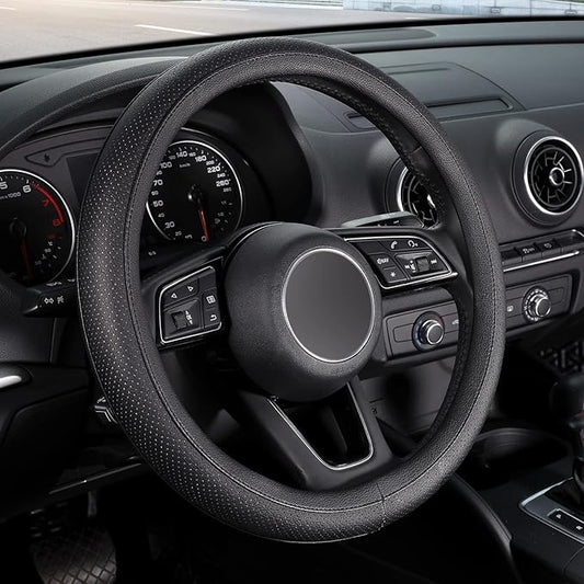 SEG Direct Black Car Steering Wheel Cover Small Size 14-14.25 inch (35.5-36 cm), for Prius Civic Model 3 Model Y Camaro, Breathable Microfiber Leather