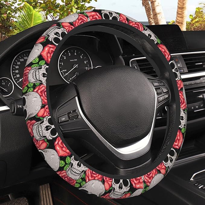 Watercolor Skull and Roses Car Steering Wheel Cover, Non-Slip Absorbing Sweat Car Wheel Cover Accessories for Men Women,Universal 15" Fit Auto SUV Vans Trucks