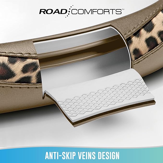 Road Comforts Steering Wheel Cover - Made with PVC Leather and Leopard Fabric - Universal 14 1/2 inches to 15 inches for Most Automotive Steering Wheel - Cheetah Print -Beige