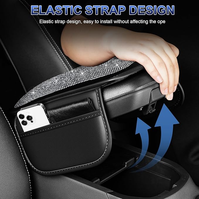 Bling Center Console Cover C: Crystal Rhinestone Automotive Armrest Cushion-Stylish Diamond Arm Rest Protection Mat(Black)