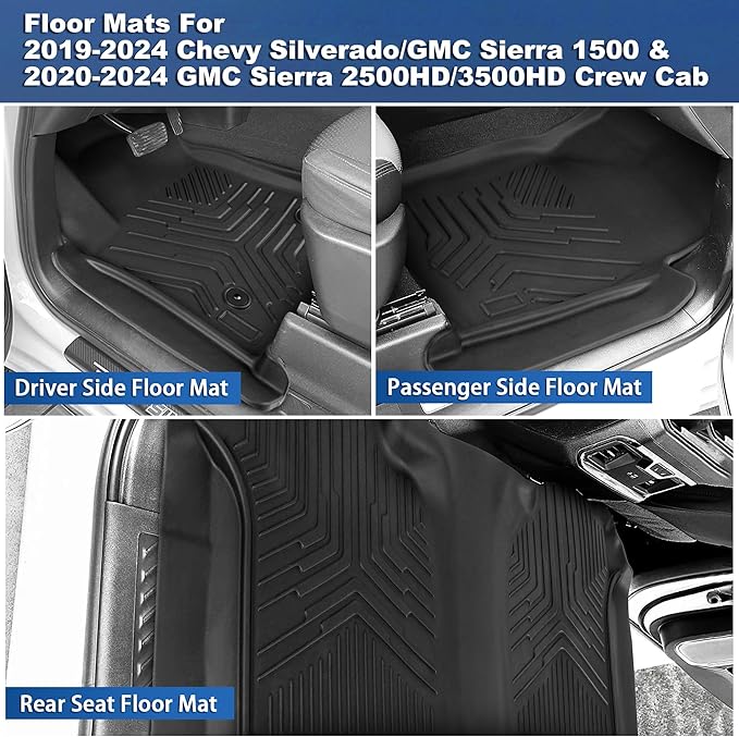 Weize Floor Mats Cargo Liner for Chevrolet Silverado 1500/GMC Sierra 1500 2019-2024 2025, Chevy Silverado/GMC Sierra 2500HD/3500HD Crew Cab 2020-2024 2025 (Rear Row with Carpeted Under-seat Storage)