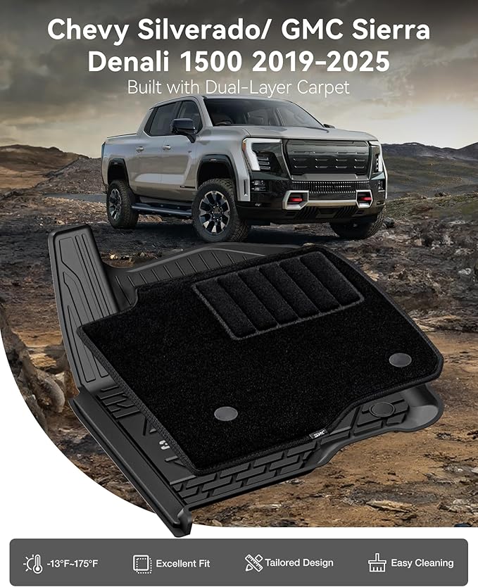 3W Floor Mats & Front Carpet Fit for 2019-2025 2026 Chevy Silverado/GMC Sierra Denali 1500 & 2020-2026 GMC Sierra 2500HD/3500HD Crew Cab, TPE All Weather Accessories 2 Rows Full Set Car Mats