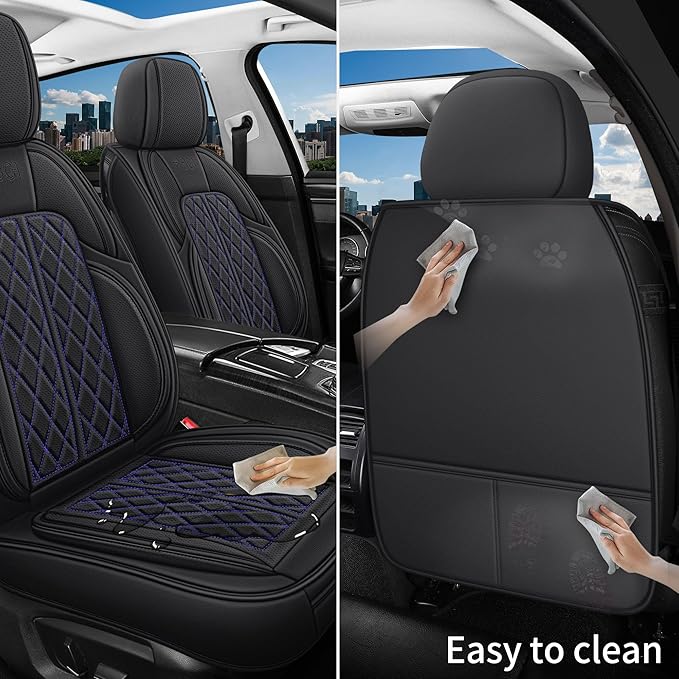 Leather Automotive Seat Covers Universal Fit for Cars, SUV, Sedans, Anti-Slip & Breathable (Black Blueline, Front Seat)