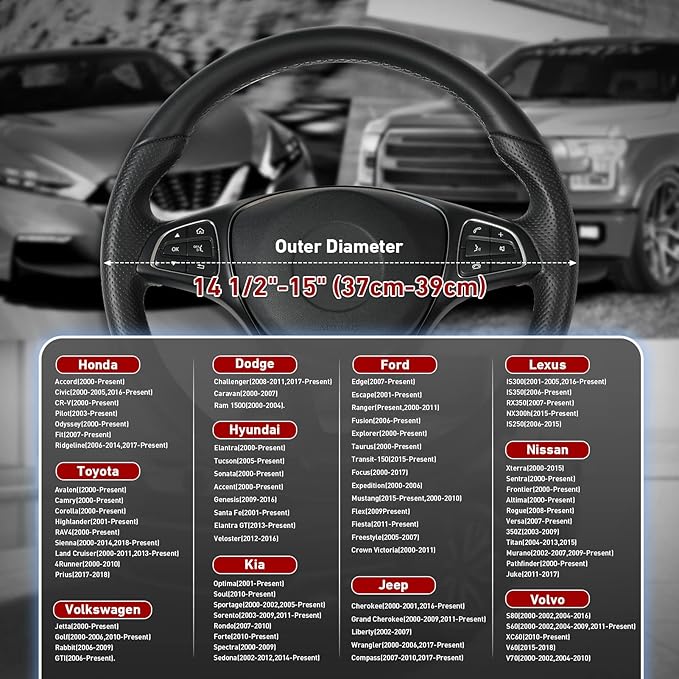 SEG Direct Car Steering Wheel Cover Universal Standard-Size 14 1/2"-15" Leather with Carbon Fiber Pattern Black