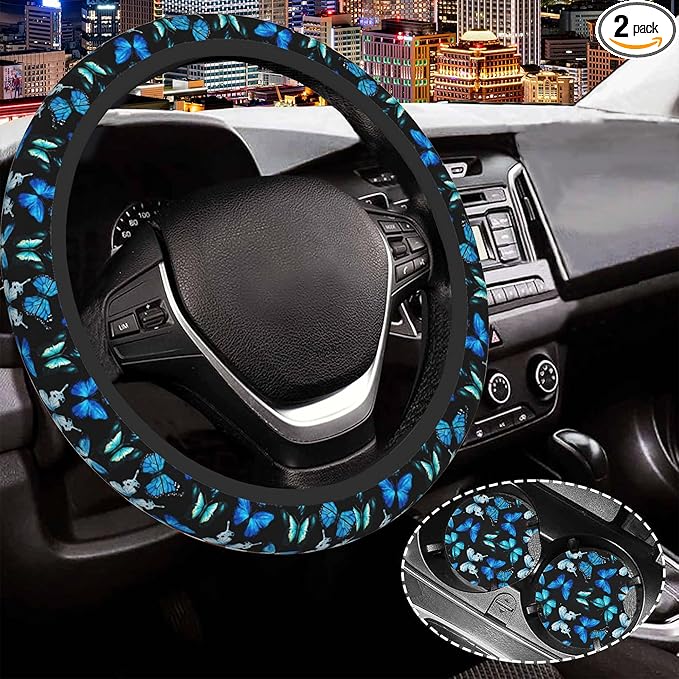 Watercolor Blue Butterfly Steering Wheel Cover for Women Men,Anti-Slip Breathable Car Steering Wheel Cover Elastic Protection with 2 Pieces Car Coasters,Universal 15" Fit Auto,Suvs,Truck