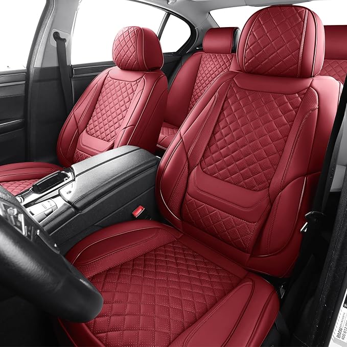 Leather Car Seat Covers Full Set Breathable Automotive Seat Covers Waterproof Seat Protectors Universal Fit for Most Automotive Cars SUV Trucks Van(Red, Full Set)