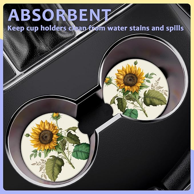 2 Pack Car Cup Holder Coaster-Sunflower Green Leaves Absorbent Ceramic Coaster, Car Coasters for Cup Holders,Auto Accessories for Women & Men
