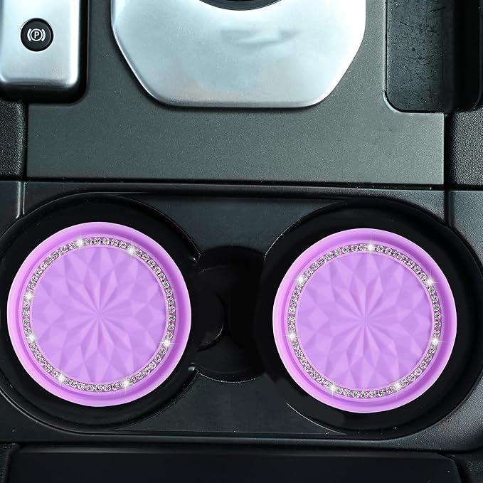 Amooca Car Cup Coaster 4 Pack Universal Non-Slip Cup Holders Insert Coasters Bling Crystal Rhinestone Car Interior Accessories Purple Flower