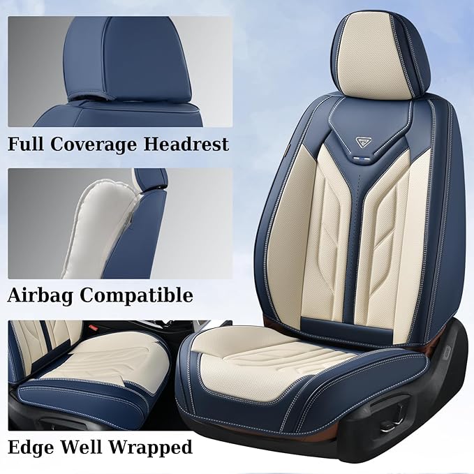 Coverado Car Seat Covers Full Set, Leather Seat Covers for Cars, Waterproof Automotive Seat Covers Car Seat Protectors Car Accessories Universal Fit for Most Sedans SUV Pick-up Truck(Blue&Beige)